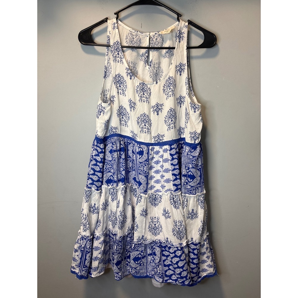 Entro Women Blue White Paisley Floral Tiered Mini Dress Sleeveless Large